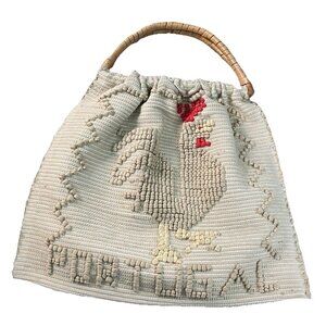 Vintage Tote Bag Satchel Rooster Hand Woven Rattan Handles Portugal Market Boho